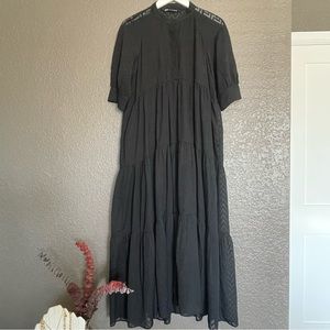 ZARA Sheer Dotted Design Maxi Dress With Sleeves Tiered Skirt Button Front Lined